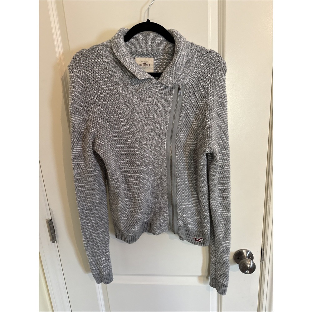 Hollister Jacket Women's Large Gray Knit Asymmetrical Zip Sweater Moto Style‎